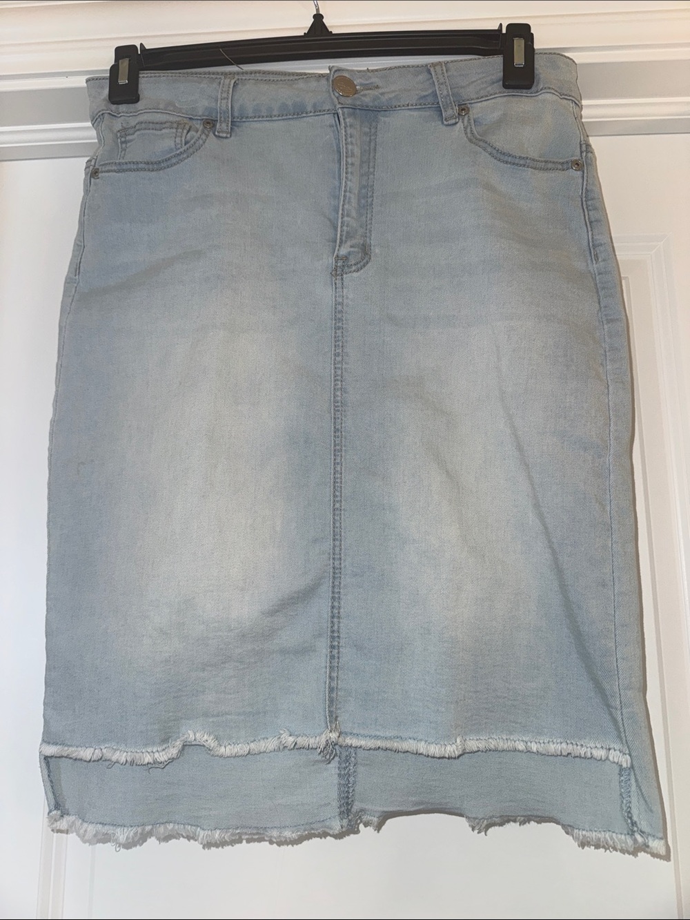 Light Wash Denim Pencil Skirt - Casual Fringe Hem